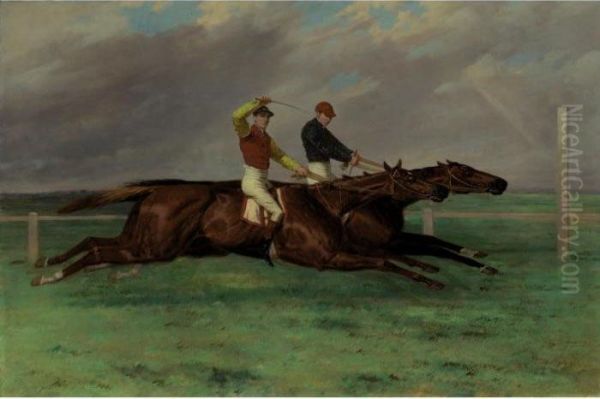 Sir Sutton's Lord Lyon Beating 
Lord Ailesbury's Savernake At The Doncaster St. Leger Of 1866 Oil Painting by Harry Hall