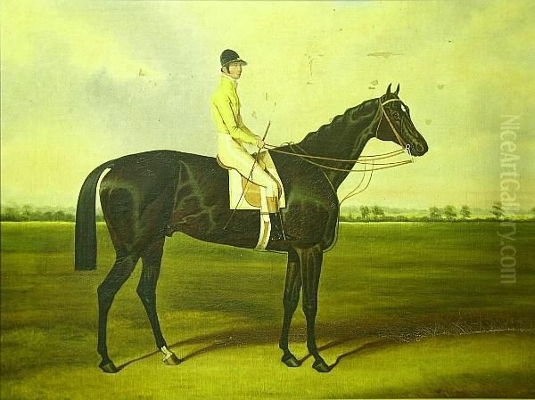 Horse And Jockey Before A Landscape, Wearing The Duke Of Westminster Colours Oil Painting by Harry Hall