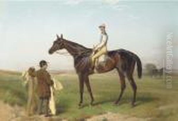 Fisherman With Jockey Up Attended By A Groom On A Race Course Oil Painting by Harry Hall