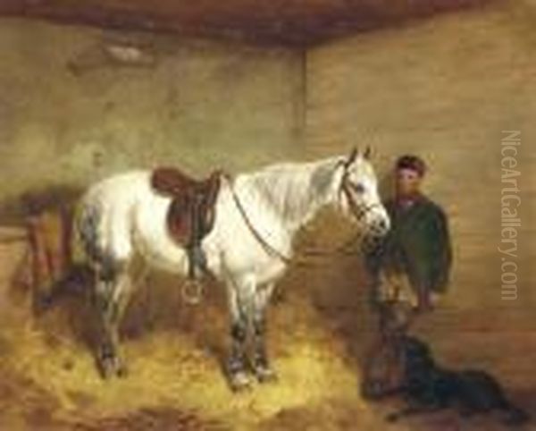 A Saddled Grey Pony And Groom In A Stable With A Retriever Oil Painting by Harry Hall