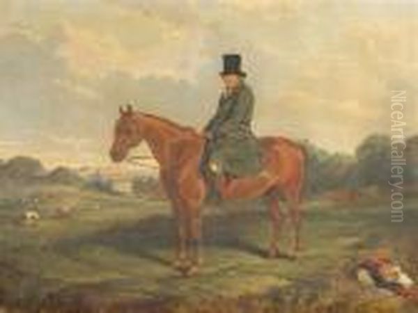 A Gentleman Seated On His 
Chestnut Horse In An Extensive Landscape With Figures Hunting Beyond Oil Painting by Harry Hall