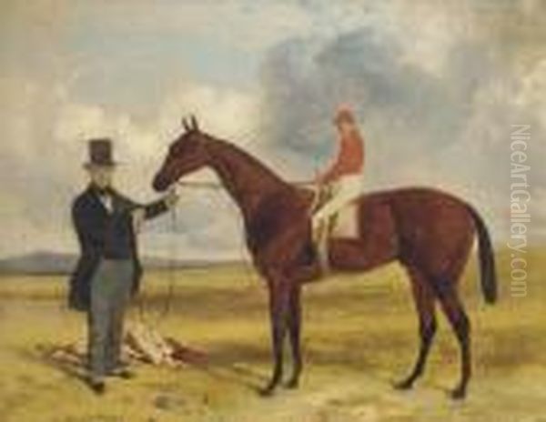 A Trainer Holding A Bay Racehorse, Jockey Up, At Newmarket Oil Painting by Harry Hall