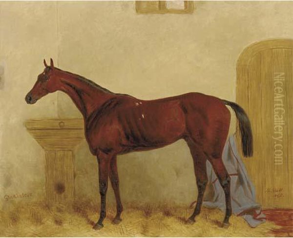 Gladiateur: A Bay Racehorse In A Stable Oil Painting by Harry Hall