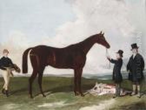 A Racehorse Held By A Groom With The Trainer And Jockey Oil Painting by Harry Hall