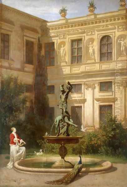 Courtyard with the Grotto in the Munich Royal Residence Oil Painting by Hans von Marees