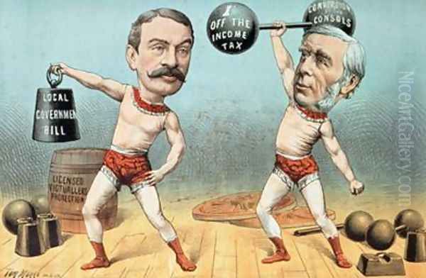 Goschen and Ritchie the Champion Weight Lifters Now Appearing with Terrific Success at the Westminster Beer Garden from St Stephens Review Presentation Cartoon 14 April 1888 Oil Painting by Tom Merry