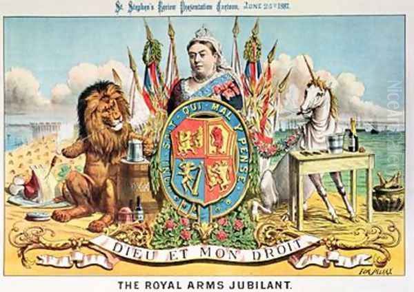 The Royal Arms Jubilant from St Stephens Review Presentation Cartoon 25 June 1887 Oil Painting by Tom Merry