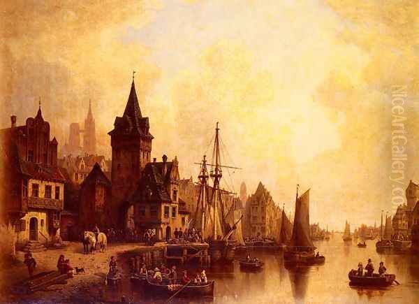 A Busy Port Oil Painting by Hermann Meyerheim