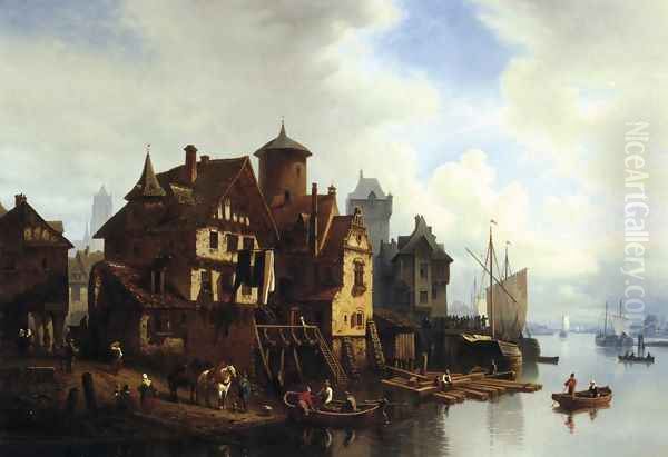 A Harbor Town Oil Painting by Hermann Meyerheim