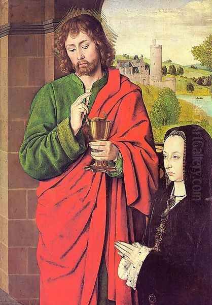 Anne of France- Duchess of Bourbon, Presented by St. John the Evangelist 1492-93 Oil Painting by Master of Moulins (Jean Hey)