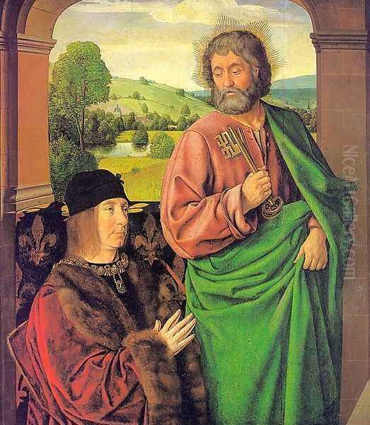 Pierre II- Duke of Bourbon, Presented by St. Peter 1492-93 Oil Painting by Master of Moulins (Jean Hey)