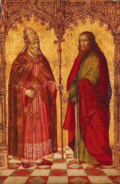 Saints Peter and Paul in a feigned Gothical portico Oil Painting by Master of Moulins (Jean Hey)