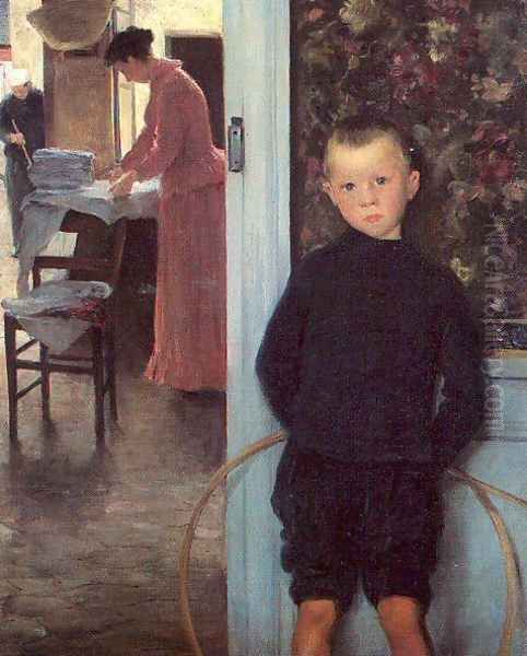 Woman & Child in an Interior (Son of the Artist) Oil Painting by Paul Mathey