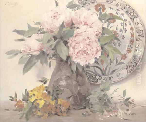 Peonies in a vase with an ornamental plate Oil Painting by Paul Mathey