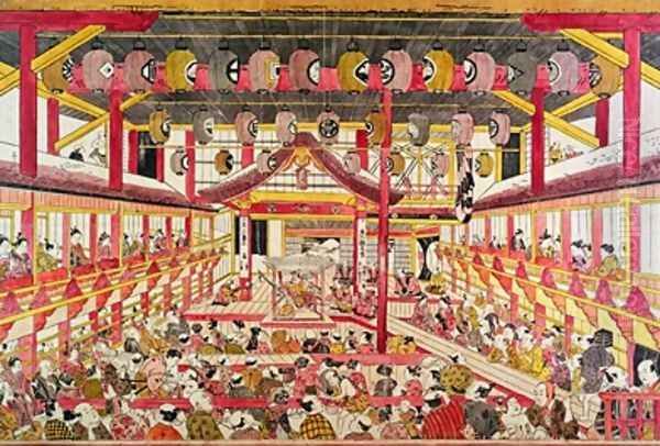 Interior of a kabuki theatre 1745 Oil Painting by Okumura Masanobu