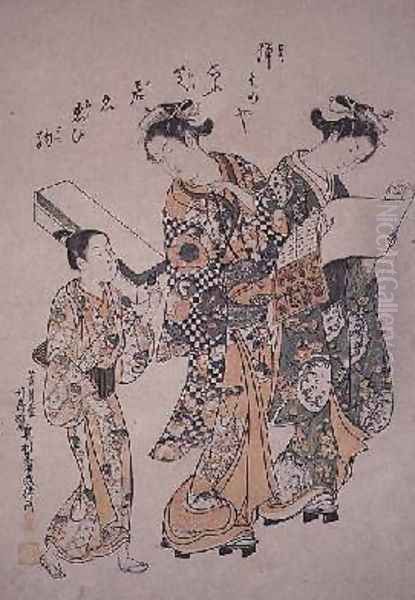 Two geisha and a boy carrying a shamisen case Edo Period 1756 Oil Painting by Okumura Masanobu