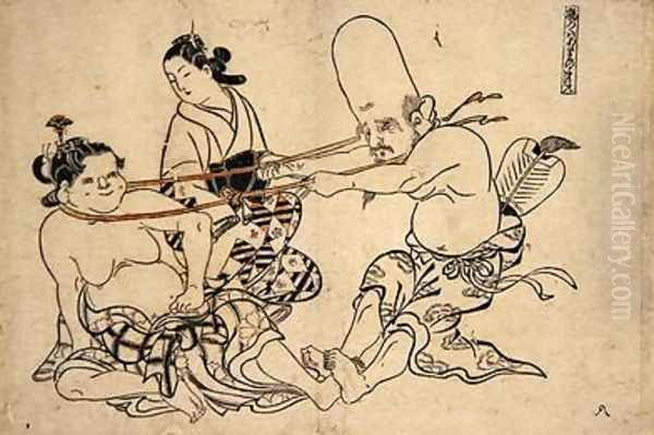 Fukurojin Tries to Lift Wench Oil Painting by Okumura Masanobu