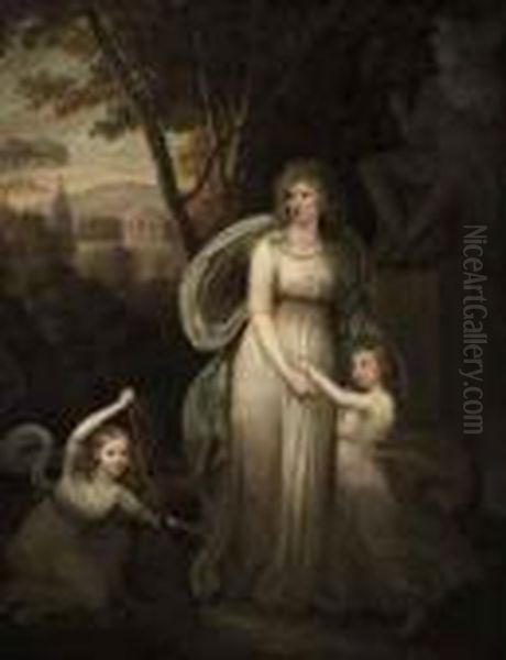 Portrait Of A Lady, With Two 
Children, Possibly Members Of Thelichtenau Family, Full-length, In A 
Classical Landscape Oil Painting by Hugh Douglas Hamilton