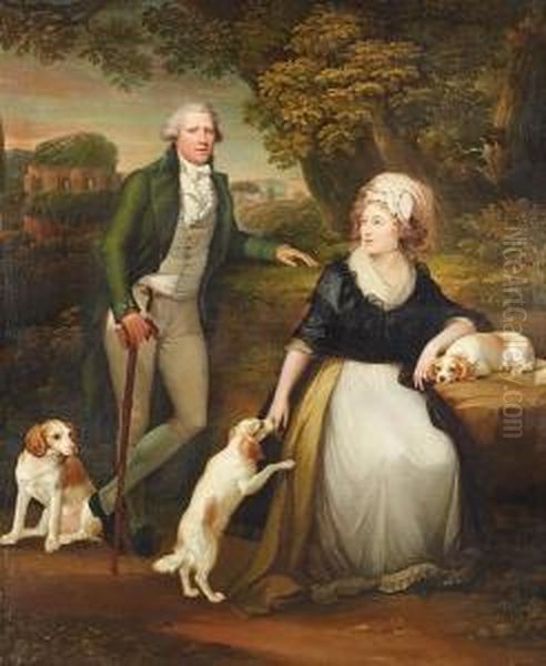 Portrait Of A Lady And Gentleman
 In An Italianate Landscape With Their Three Spaniels, A Villa In The 
Background Oil Painting by Hugh Douglas Hamilton