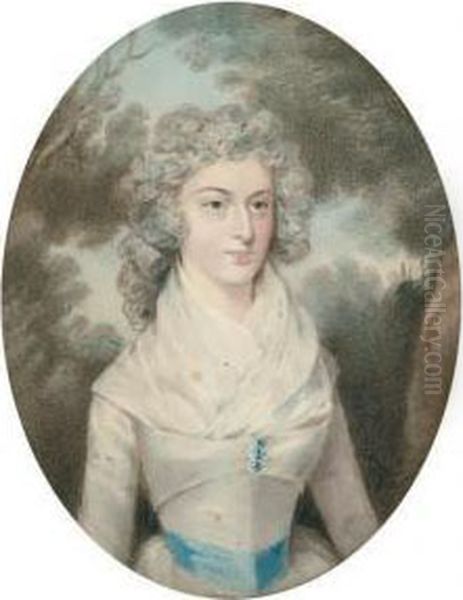 Portrait Of A Lady In A White Dress With A Blue Sash Oil Painting by Hugh Douglas Hamilton