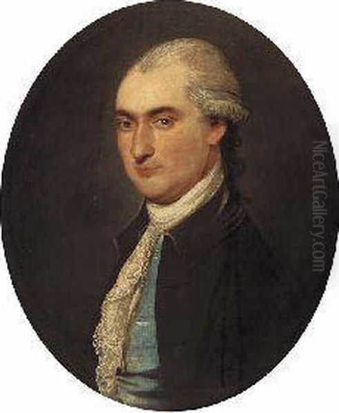 Head And Shoulder Portrait Of A Gentleman With Lace Jabot And Bluewa Oil Painting by Hugh Douglas Hamilton