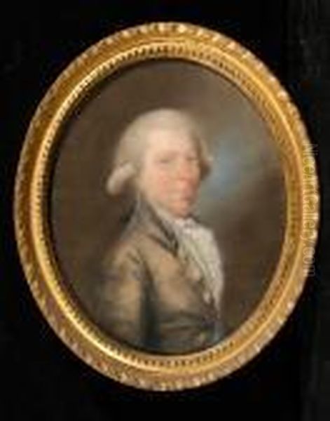 A Portrait Of A Gentleman, Bust 
Length With Powdered Hair, Grey Jacket And Blue Waistcoat Oil Painting by Hugh Douglas Hamilton