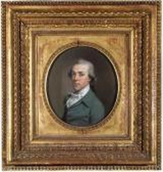 Portrait Of James Colyear 
Dawkins Of Standlynch, Bust-length, In Ablue-green Coat, With White 
Stock, Oval Oil Painting by Hugh Douglas Hamilton