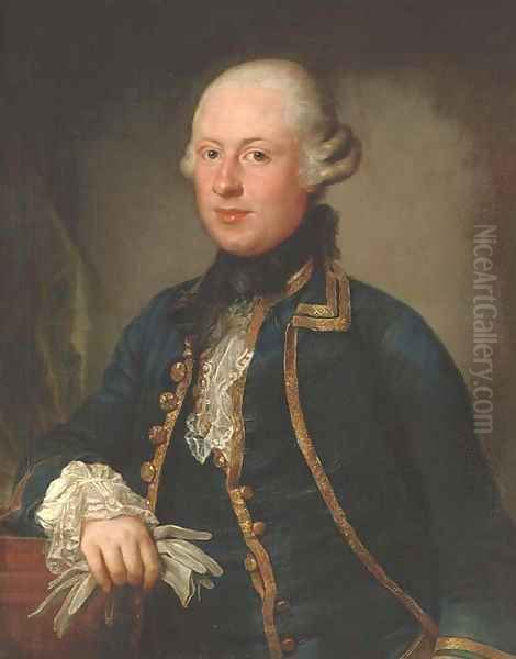 Portrait of Thomas Charles Bigge (c.1739-1794), of Benton House, Northumberland, half-length, in a blue coat with gold trim, holding a pair of gloves Oil Painting by Anton von Maron