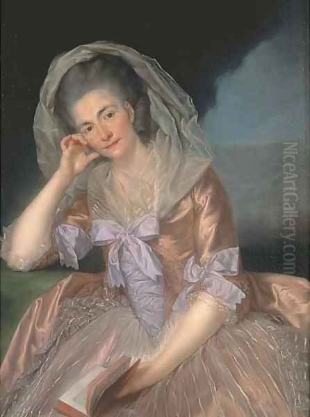 Portrait of Elizabeth Hervey (1733-1800), wife of the 4th Earl of Bristol, three-quarter-length, seated in a salmon pink dress with lilac bowes Oil Painting by Anton von Maron