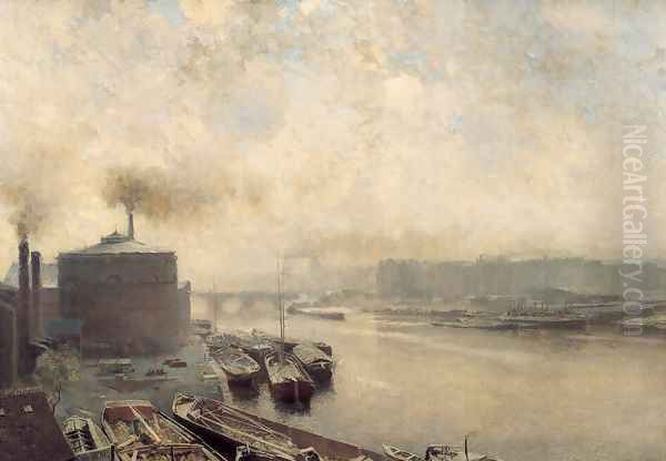 British Gas Works on the River Spree Oil Painting by Adolf von Meckel