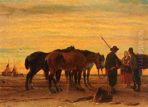 Fishermen With Their Horses On The Beach Oil Painting by Joseph Jodocus Moerenhout