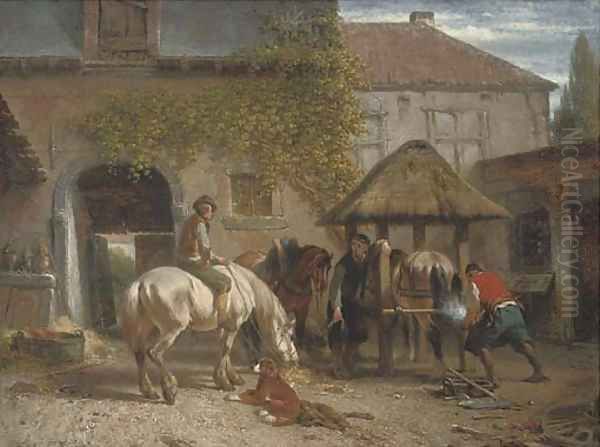 Shoeing horses at the blacksmith Oil Painting by Joseph Jodocus Moerenhout