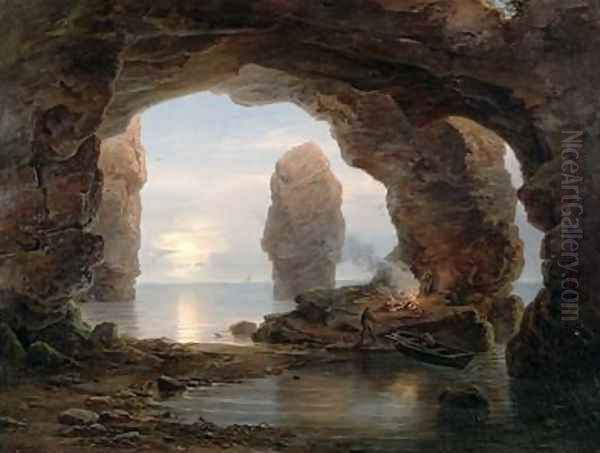 Fisherman in a Grotto Helgoland 1850 Oil Painting by Christian Morgenstern