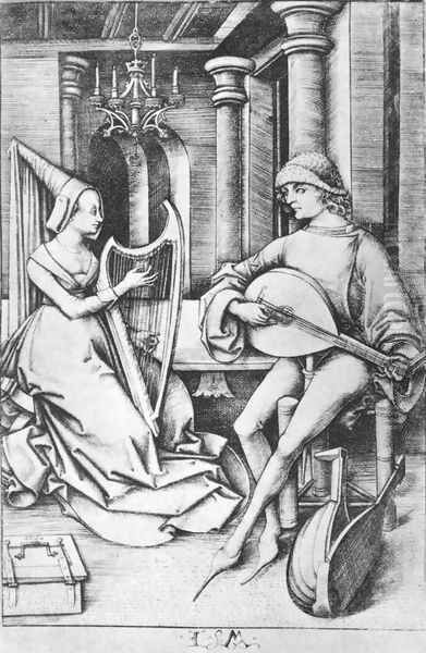 The Lute Player and the Harpist c. 1490 Oil Painting by Israhel van, the Younger Meckenem