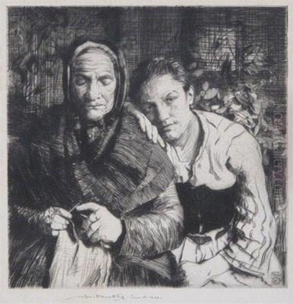 Grandmother Knitting With Young Lady by William Lee Hankey