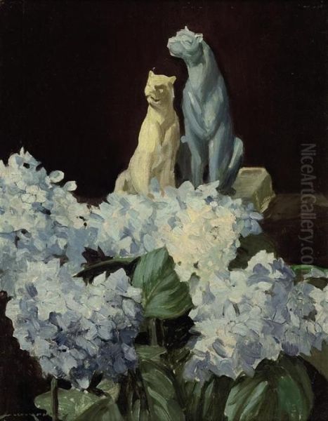 Blue Hydrangeas And Two Cats Oil Painting by William Lee Hankey