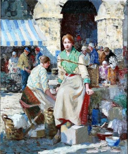 Figures In A Market Place In A French Town Oil Painting by William Lee Hankey