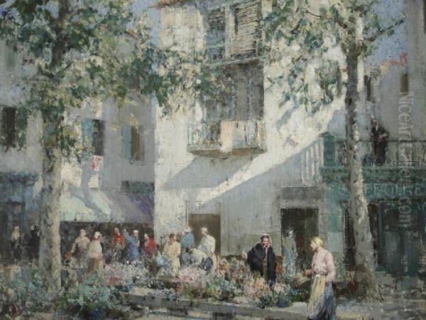 Mentone Flower Market Oil Painting by William Lee Hankey