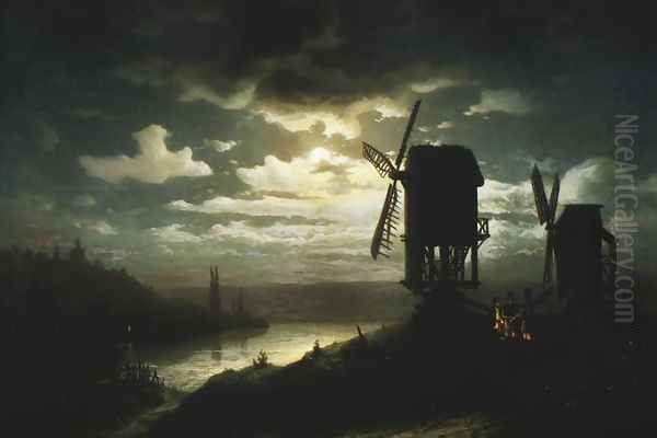 Nocturnal Landscape and Windmills Oil Painting by Jozef Marszewski