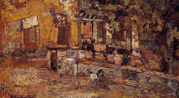 Farmyard with Donkeys and Roosters Oil Painting by Adolphe Joseph Thomas Monticelli