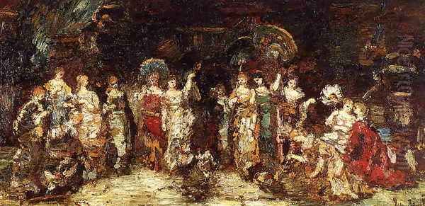 Cock Fight in Front of a Group of Young Women Oil Painting by Adolphe Joseph Thomas Monticelli