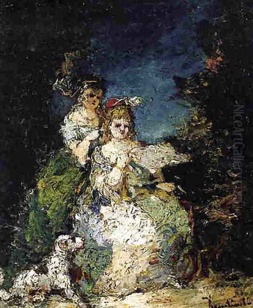 Young Girls and Dog in a Park Oil Painting by Adolphe Joseph Thomas Monticelli