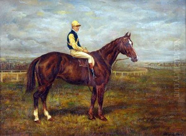 Racehorse With Jockey Up On A Racecourse Oil Painting by Heywood Hardy