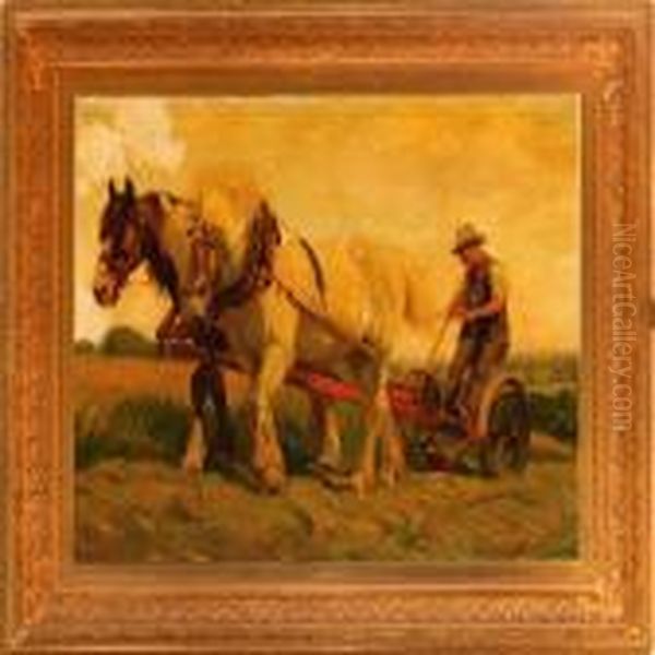 A Man With His Horses Ona Field Oil Painting by Heywood Hardy