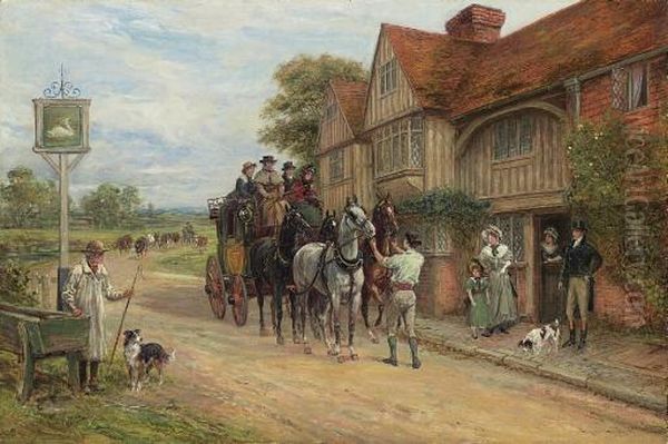 A Coach And Four Outside The Swan Inn Oil Painting by Heywood Hardy