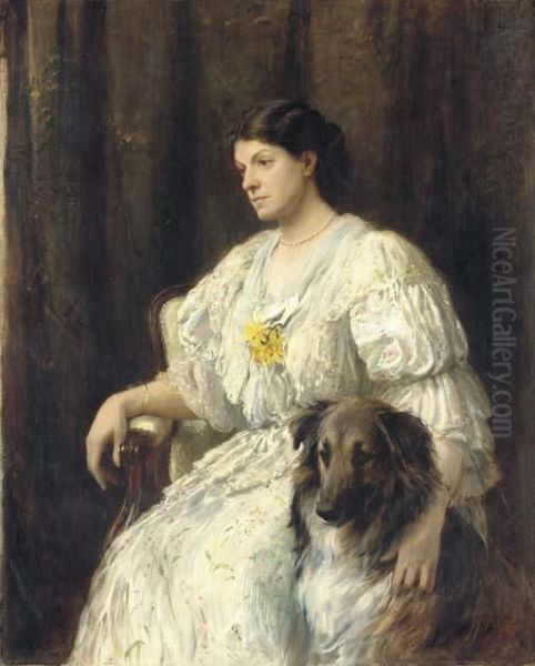 Portrait Of A Lady With Her Collie, Seated, Three-quarter Length Oil Painting by Heywood Hardy