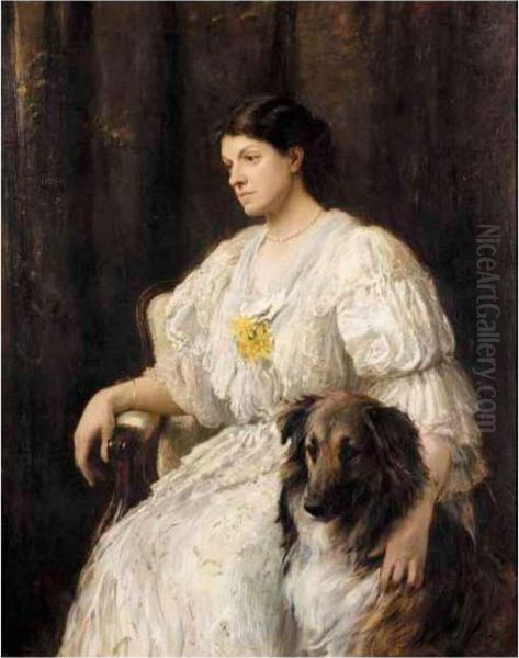 Portrait Of A Lady And Her Dog Oil Painting by Heywood Hardy