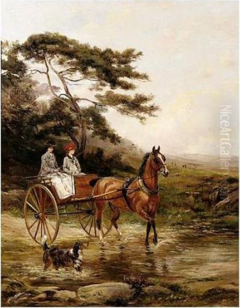 Two Ladies Crossing A Woodland Stream In A Gig Oil Painting by Heywood Hardy