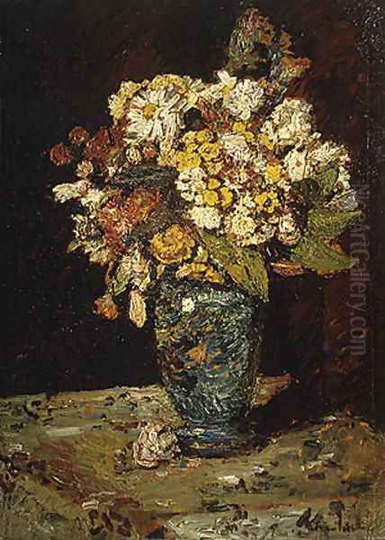 Flowers in a Blue Vase Oil Painting by Adolphe Joseph Thomas Monticelli