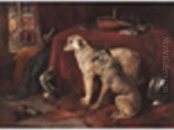 Deerhoundsin An Interior Signed, Oil On Canvas 18 X 24in Oil Painting by Heywood Hardy